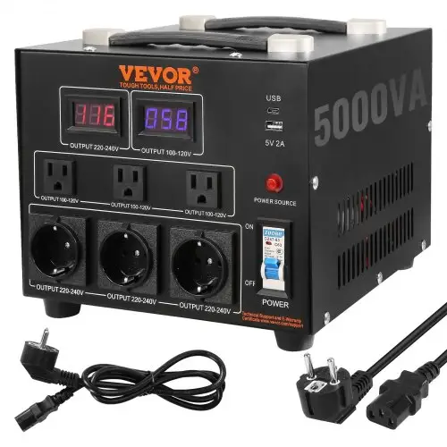 VEVOR 5000W spanningsomvormer AC 110V⇋220V transformatoromvormer 3x Amerikaanse NEMA 5-15R 3-pins / 3x Europese Shucko-uitgangsaansluitingen, 1x 5V USB-poort en 1x Type-C-aansluiting