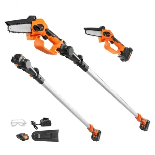VEVOR Mini-kettingzaag met accu 20V 2Ah borstelloze motor 2-in-1 snoerloze stoksnoeizaag 22.000 tpm kettingzaag elektrisch, telescopische heggenschaar snoeizaag met telescopische handgreep Verlenglengte tot 2,43 m