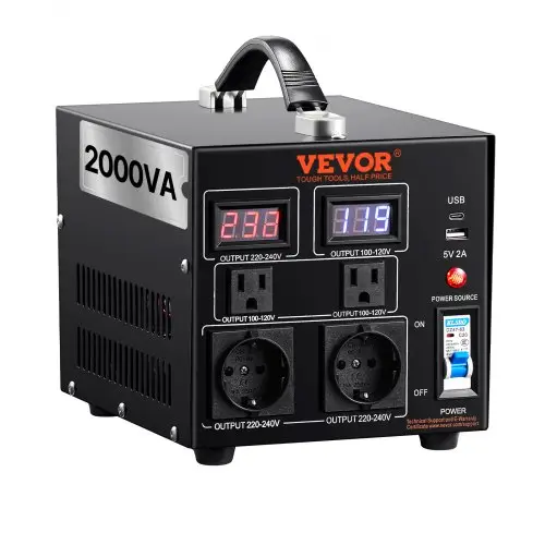 VEVOR 2000W spanningsomvormer AC 110V⇋220V transformatoromvormer 2x Amerikaanse NEMA 5-15R 3-pins/2x standaard Europese Shucko-uitgangsaansluitingen, 1x 5V USB-poort, 1x Type-C-aansluiting