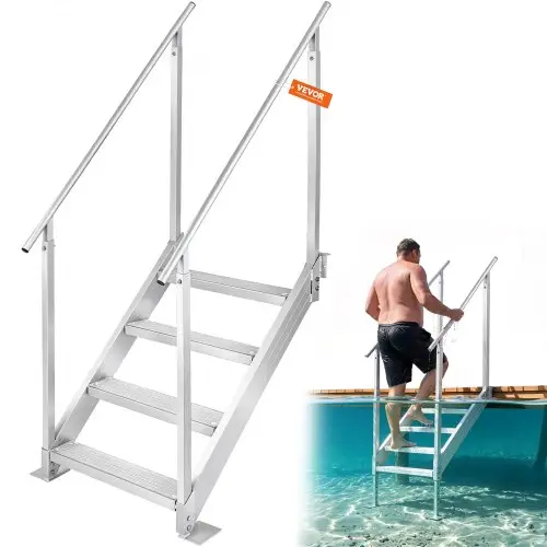 VEVOR 4-traps zwemtrap met twee leuningen, bootladder 800x1850x1750mm, zwembadladder van aluminiumlegering, trapladder, draagvermogen 250kg, pedalen 55x10cm, ideaal voor havens, boten, zwembaden