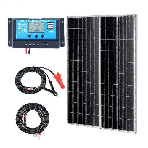VEVOR 200W zonnepaneelset van 2 12V monokristallijne zonnemodules plus laadregelaar 16,66A Zonnesysteem conversiepercentage van 23% Compatibel met AGM-, GEL-, FLD- en LI-accu's Ideaal voor campers, jachten en caravans