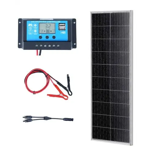VEVOR 100W zonnepaneelset 12V monokristallijn zonnepaneel plus 8,33A laadregelaar Zonnesysteem Conversiepercentage van 23% Compatibel met AGM-, GEL-, FLD- en LI-accu's Ideaal voor campers Jachten Thuis