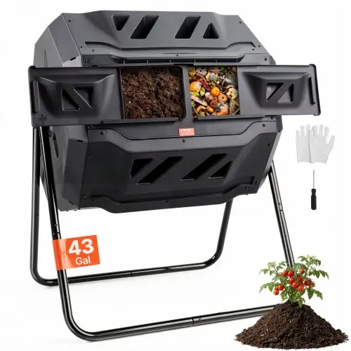 VEVOR Tumbling Composter Bin Composter Tumbler 162,7 L, Drum Composter Draaibare Tumbling Composter met dubbele kamer 735 x 625 x 955 mm, 50 kg Dragende tuincompostcontainer inclusief handschoenen
