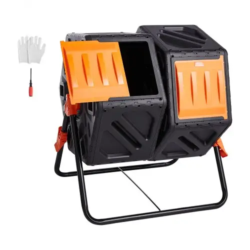 VEVOR draaibare compostbak, 140 liter, roterende trommelcompostbak, dubbele kamer, 785 x 605 x 795 mm, 40 kg, robuuste tuincompostbak, inclusief handschoenen