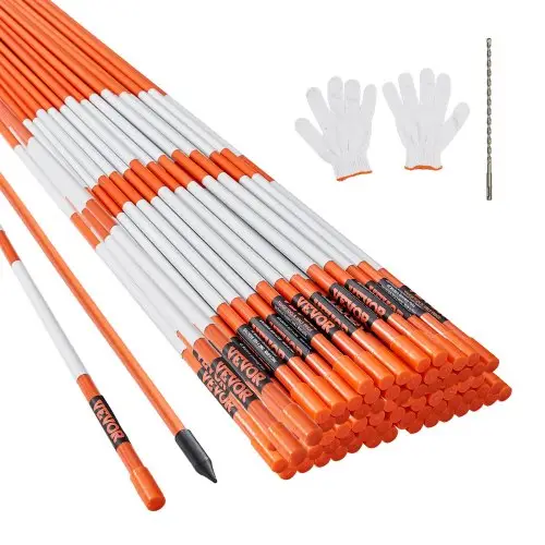VEVOR Opritmarkeringen, verpakking van 100 stuks, 48 inch, diameter 0,4 inch, oranje glasvezelpalen, sneeuwpalen met reflecterende tape, stalen boor van 12 inch en beschermende handschoenen voor parkeerplaatsen, trottoirs en hoge zichtbaarheid