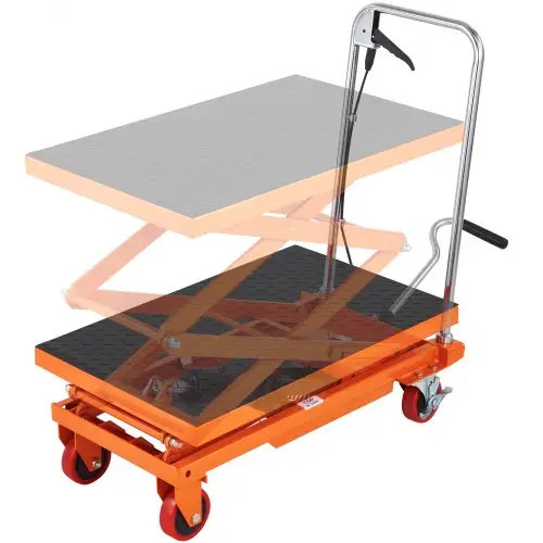 VEVOR TFD15 hydraulische palletwagen met tafel, capaciteit 150 kg, 127 cm, met 4 wielen en antislipmat, voor materiaalbehandeling en transport, oranje