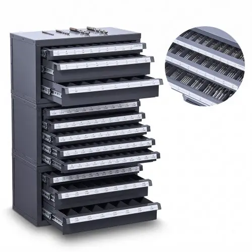 VEVOR Boorbitdispenserkast, 3-delig, drie laden voor 1/16" tot 1/2" en letterformaten A tot Z, boorbitorganizer met vijf laden voor draaddiktes #1 tot #60, stapelbare kast