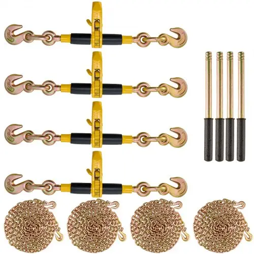 VEVOR ratelkettingspanbanden, 5/16"-3/8" zware ladingsspanbanden met G80-kettingen, veilige belastingslimiet van 3220 kg, arbeidsbesparende antisliphandgreep, voor diepladers, verpakking van 4
