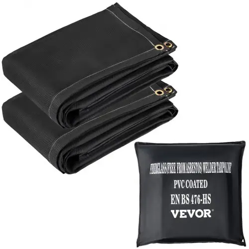 VEVOR lasdeken, 2-pack lasdekens, 8' x 10' branddeken, 1022°F vlamvertragende deken, zwarte branddekens, brandvertragende glasvezeldeken met 12 messing ringen