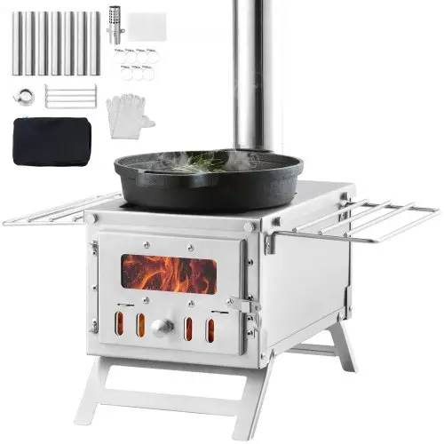 VEVOR Houtkachel, 80 inch, Roestvrijstalen Campingtentkachel, Draagbare Houtkachel met Schoorsteenpijpen en Handschoenen, 700 inch Grote Vuurkamer Tentkachel voor Buiten Koken en Verwarmen met 8 Pijpen