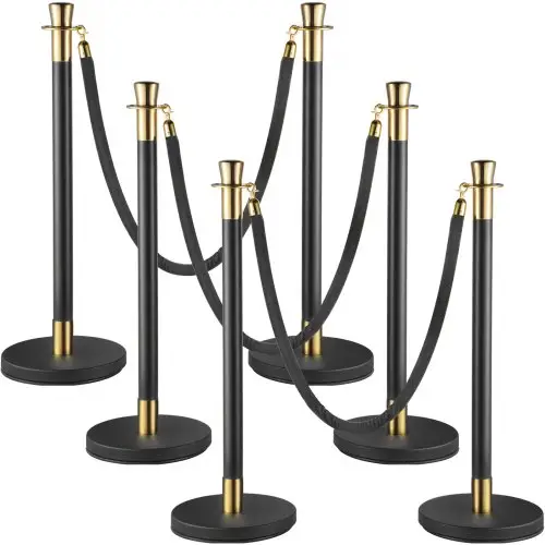 VEVOR 6-delige set, 90 cm hoog, afzetlinten, crowd control systeem, afzetpalen, 1,5 m touwlengte, stalen afzetpalen voor banken, luchthavens, stadions, amusementscentra, zwart.