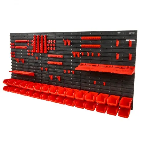VEVOR stapelboxen, 30-container onderdelenrek organizer voor garage, kunststof gereedschapsrek met wandpanelen/gereedschapshouders/haken, voor moeren, bouten, schroeven, spijkers, kralen, knopen, zwart/rood