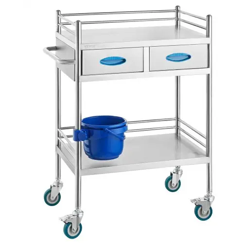 VEVOR laboratorium serveerwagen, 2-laags roestvrijstalen rolwagen, medische trolley met twee lades, tandheelkundige trolley met vergrendelbare wielen en een emmer, voor gebruik in laboratoria, ziekenhuizen en tandartspraktijken.