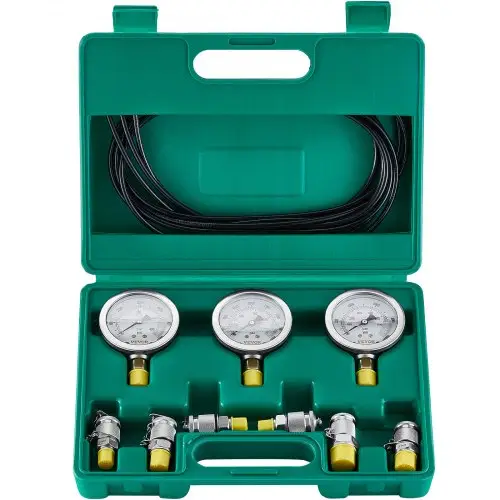 VEVOR hydraulische druktestset, 250/400/600 bar, 3 manometers, 6 testkoppelingen, 3 testslangen, hydraulische testset voor graafmachines, tractoren en bouwmachines met draagbare koffer.