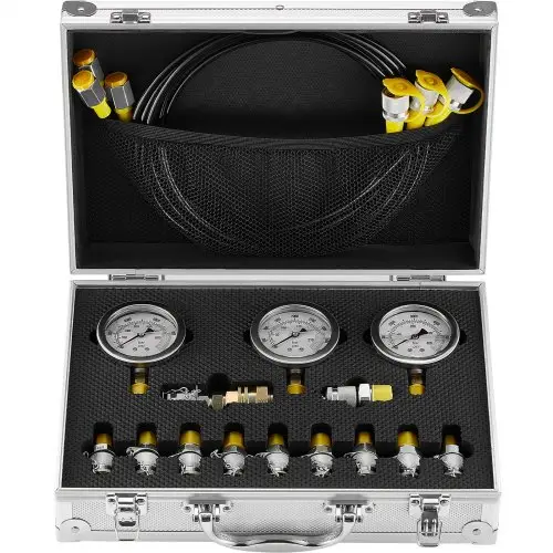 VEVOR hydraulische druktestset, 250 / 400 / 600 bar, 3 manometers, 11 testkoppelingen, 3 testslangen, hydraulische testset voor graafmachines, tractoren en bouwmachines met draagbare koffer.