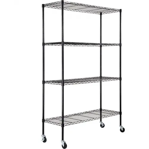 VEVOR opbergrek met wielen, 4-laags verstelbaar, draagvermogen 700 lbs, robuuste garageplank, metalen organizer, draadplank, zwart, 120 x 45 x 188 cm voor keuken, voorraadkast, kelder, badkamer