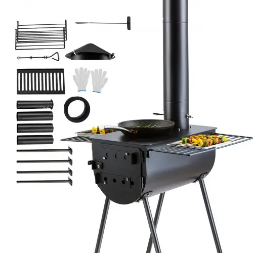 VEVOR Houtkachel, 118-inch gelegeerd stalen kampeertentkachel, draagbare houtkachel met schoorsteenpijpen en handschoenen, 3000-inch grote vuurdoostentkachel voor buiten koken en verwarmen met 8 pijpen