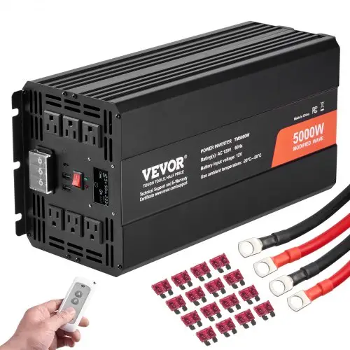VEVOR Pure Sinusomvormer 5000W DC 12V naar AC 230V omvormer met 2 stopcontacten, 2 USB-poorten, 1 Type-C-poort, LCD-scherm en afstandsbediening voor zware huishoudelijke apparaten