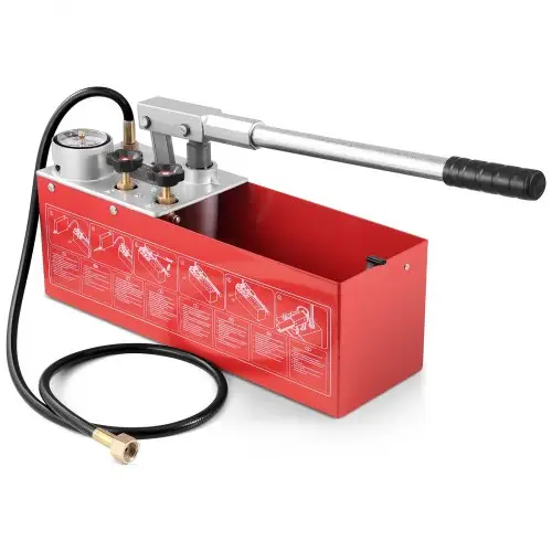 VEVOR drukpomp, max. 25 bar, handmatige hydraulische waterdrukmeter met dubbele klep en manometer, 10 liter watertank, 1,4 m slang met 1/2 inch buitendraadaansluiting voor leidingen.