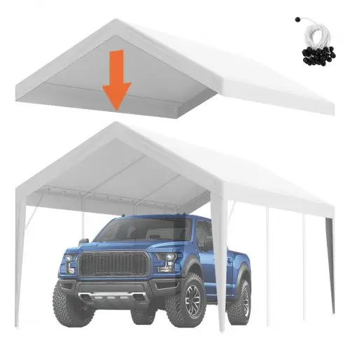 VEVOR Carport Garage Tent, 3 x 6 m, Garage Daktent, Waterdicht en UV-bestendig, Eenvoudige installatie met spanbanden, Wit (Alleen dakbedekking, frame niet inbegrepen)