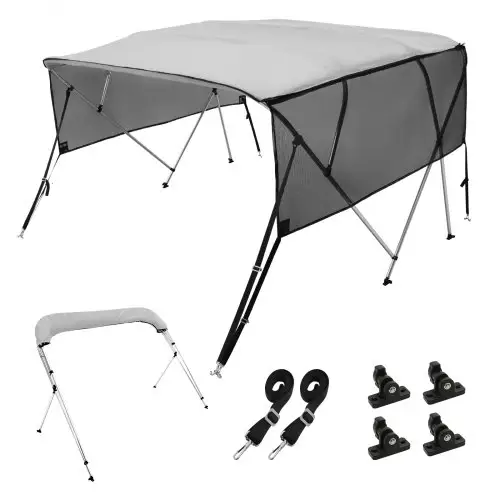 VEVOR 4-Arch Bimini Top Bootkap, 216-228 cm installatiebreedte, 600D polyester luifel, bootkap met afneembare gaaszijwanden, waterdicht en zonwerend, inclusief opbergdoos, lichtgrijs