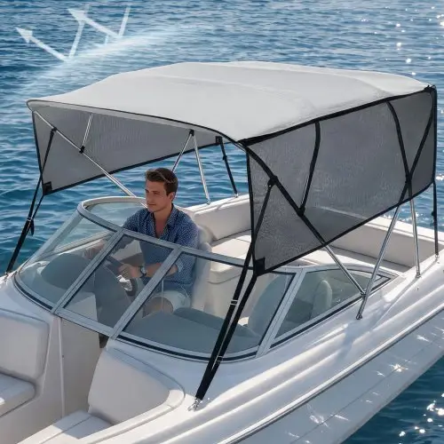 VEVOR 4-Arch Bimini Top Bootkap, 231-244 cm installatiebreedte, 600D polyester luifel, bootkap met afneembare gaaszijwanden, waterdicht en zonwerend, inclusief opbergdoos, lichtgrijs
