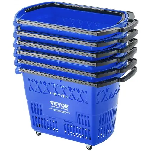 VEVOR Boodschappenmanden, 6-pack, 39L boodschappentrolley met handgrepen, rollende plastic boodschappenmand met wielen, grote draagbare boodschappenmandset voor supermarkten en detailhandelszaken