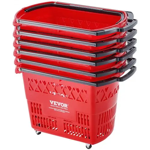 VEVOR Winkelmanden, Set van 6, 39L Winkelmand met Handvatten, Rolbare Plastic Winkelmand met Wielen, Grote Draagbare Winkelmandenset voor Supermarkten en Winkels