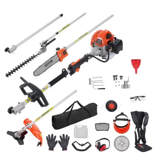 VEVOR 43CC 6-in-1 heggenschaar, benzineheggenschaar, onkruidverdelger, draadtrimmer, bosmaaier, kantenmaaier, stoksnoeischaar, kettingzaag, snoeizaag met verlengstok