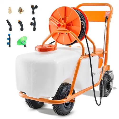 VEVOR gazonsproeier met wielen, instelbare druk 0–90 PSI, sproeier met 60 liter tank, met 8 sproeikoppen, 2 sproeistangen, deksel met brede opening voor tuinieren, onkruid wieden en sproeien.