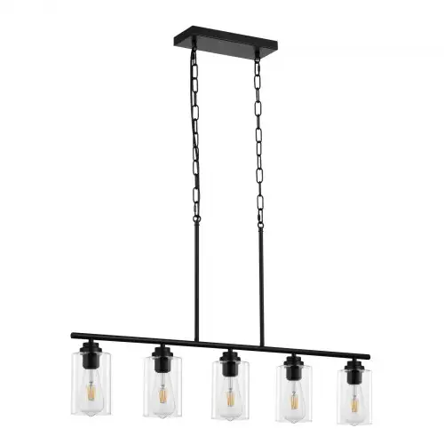 VEVOR 5-lichts hanglamp voor keukeneiland, 60W verstelbare eetkamerlamp met lampenkap van helder glas, 4 stangen, 2 metalen kettingen, lineaire kroonluchter in boerderijstijl