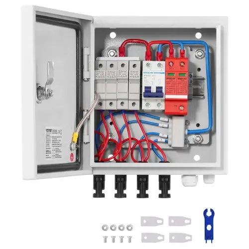 VEVOR PV-verdeelkast, 4-rijig, zonne-energie combinerkast met 15 A zekering, 63 A stroomonderbreker, bliksemafleider en zonne-energieaansluiting, stalen behuizing voor on-grid/off-grid zonnepanelensysteem, IP65