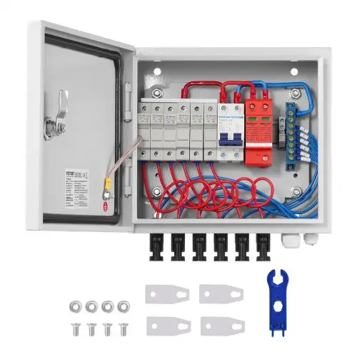 VEVOR 6-String PV Combiner Box met 15A zekering, 125A stroomonderbreker, bliksemafleider en zonneconnector, stalen behuizing voor on-/off-grid zonnepaneelsysteem, IP65