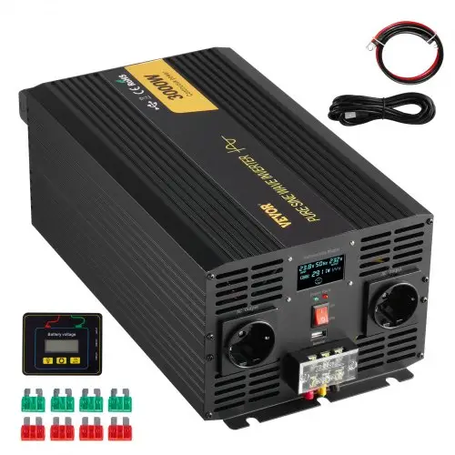 VEVOR 3000 Watt zuivere sinusomvormer DC 24V naar AC 230V auto-omvormer met USB-poort, LCD-scherm, afstandsbediening en EU-stopcontacten voor campers, vrachtwagens, auto's, zonne-energiesystemen, reizen en kamperen