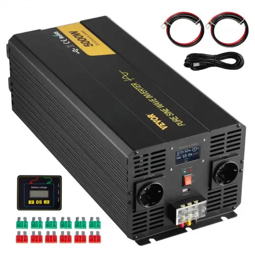 VEVOR 5000 Watt zuivere sinusomvormer, DC 12V naar AC 230V autoomvormer met LCD-scherm, USB-poort en afstandsbediening, spanningsomvormer voor auto, camper, vrachtwagen, zonne-energiesysteem, reizen, kamperen