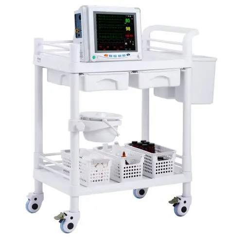 VEVOR 2-laags laboratoriumtrolley, laboratoriumtrolley met 2 schappen, 2 lades en 4 stille wielen, mobiele medische trolley gemaakt van PP-materiaal, laboratoriumtrolley met 3 afvalbakken voor laboratorium, kliniek, ziekenhuis, salon, wit
