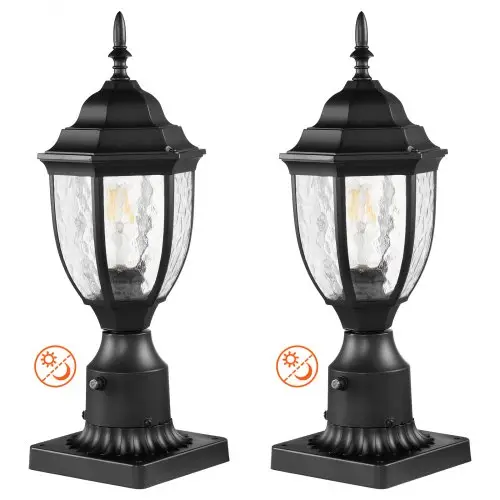 VEVOR 2-pack schemer-tot-zonsopgang buitenlantaarnpalen, 390 mm waterdichte lantaarnpaallampen met 3,5 inch glazen kap op de paalbevestiging, bliksembestendige buitenlantaarnpaal voor op terras en tuinpad