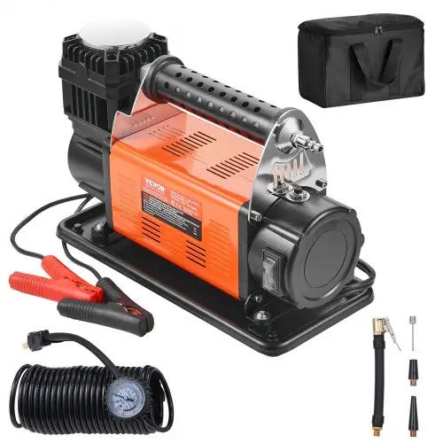 VEVOR draagbare 12V bandenpomp, 7,06 CFM zware luchtcompressor, 150 PSI off-road luchtpomp met adapters voor auto, SUV, camper, vrachtwagen - inclusief 6,5 ft netsnoer, 26 ft luchtslang met manometer, draagtas