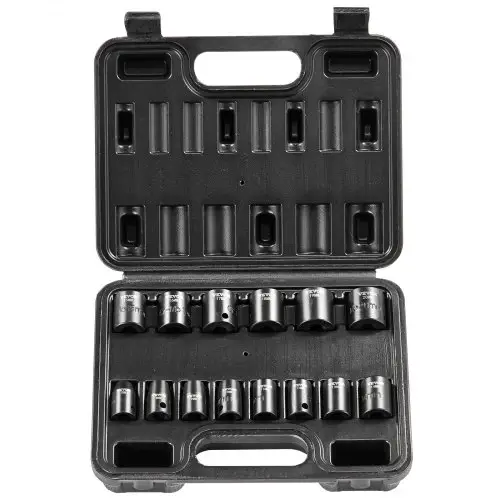VEVOR 3/8-inch slagdoppenset, 14-delige platte doppenset metrisch 7-20 mm, 6-punts Cr-Mo-gelegeerd staal voor autoreparatie, gemakkelijk leesbare maatmarkeringen, robuuste constructie, inclusief opbergkoffer