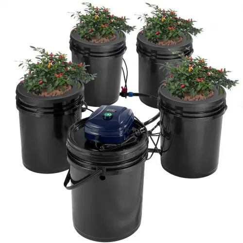 VEVOR RDWC Hydroponic Growing System, Hydroponic Grow Kit met Top Drip, Recirculerende Diepwatercultuur, 4 Gespen en 1 Reservoir, met Luchtpomp en Waterniveau-indicator voor Bladgroenten