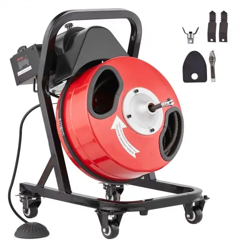 VEVOR Rioolreinigingsmachine 50 FT x 1/2 Inch, handmatige rioolreinigingsmachine met wielen, 4 snijmessen en luchtgeactiveerde voetschakelaar voor 2 tot 4 inch buizen