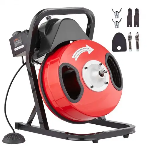 VEVOR Rioolreinigingsmachine 50 FT x 1/2 Inch Handmatige Rioolreinigingsspiraal - met 4 snijmessen en luchtgeactiveerde voetschakelaar voor 2 tot 4 Inch buizen