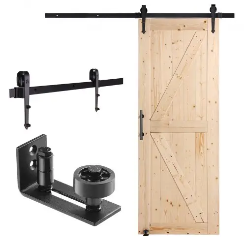 VEVOR Schuifdeur Hardware Kit, 762 x 2133,6 mm Houten Schuifdeur, Soepel en Stil, Schuurdeur Kit met 8-in-1 Vloergeleider en Deurkruk, Sparrenhouten Paneel