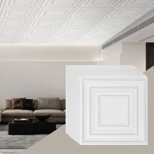 VEVOR Plafondtegels, 12 stuks 24 x 24 inch systeemplafondtegels gemaakt van hoogwaardig PVC-plaat, eenvoudige installatie/snijden, zelfklevende plafondtegels van kunststof, plafondbekleding voor decoratie thuis/op kantoor, wit potloodpatroon