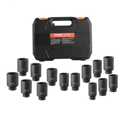 VEVOR Slagsleutelset voor asmoeren 12,7 mm aandrijving, diepe 6- en 12-punts doppenset, metrisch, 14-delig, CR-V doppenset met opbergkoffer, autoreparatie zwart