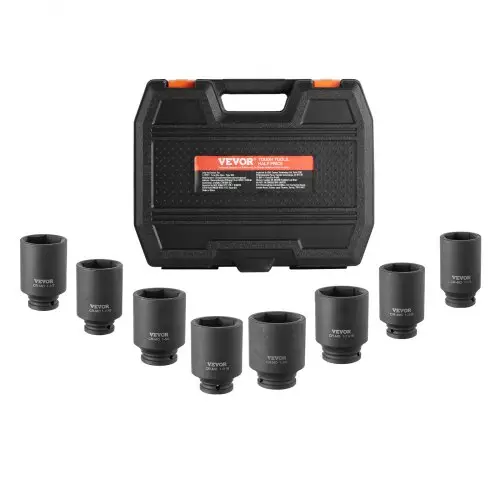 VEVOR Slagsleutelset voor asmoeren, 12,7 mm aandrijving, diepe 12-punts dopsleutelset, 8-delig, metrisch, CR-MO dopsleutelset met opbergkoffer, autoreparatie, zwart