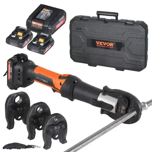 VEVOR krimptang en accuset, professionele krimptang, elektrische pijpkrimptang met M15-, M22- en M28-bekken, krimptangset met 2 x 18V 2.0Ah accu's, snellader en draagtas