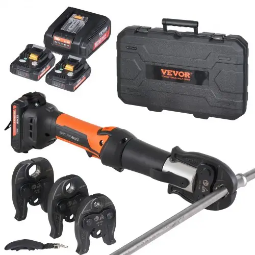 VEVOR krimptang en accuset, professionele krimptang, elektrische pijpkrimptang met V15-, V22- en V28-bekken, krimptangset met twee 18V 2.0Ah-accu's, snellader en draagtas