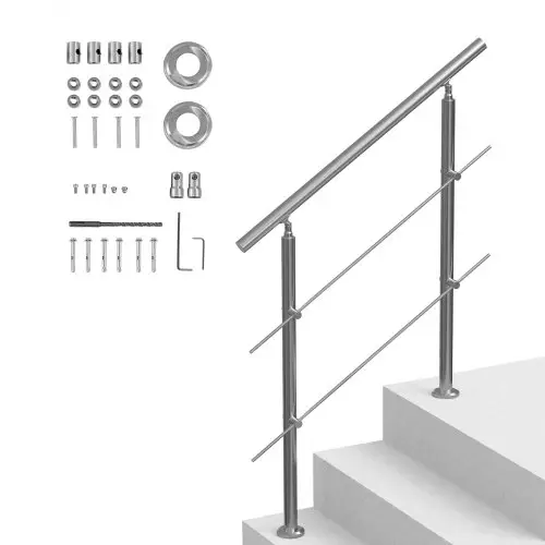 VEVOR buitentrapleuningen, 90 cm lang, 2 dwarsbalken, trapleuningset, roestvrijstalen overgangsleuning met montageset, dubbele trapleuning voor senioren, veranda en terras