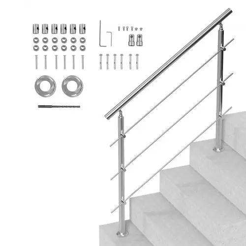 VEVOR buitenleuningen voor trappen, 120 cm lang, 3 dwarsbalken, trapleuningset, roestvrijstalen overgangsleuning met montageset, dubbele trapleuning voor senioren, veranda en terras